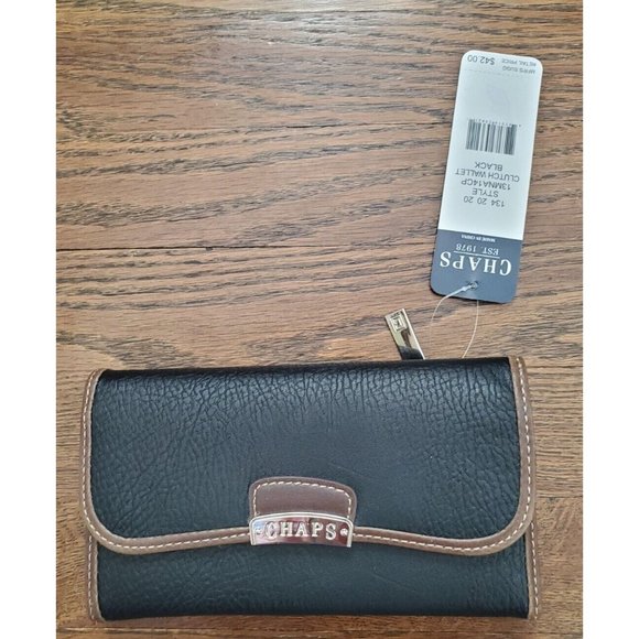 CHAPS Womens Tri Fold Wallet Organizer Checkbook Black Clutch Snap Closure NEW - Picture 1 of 6
